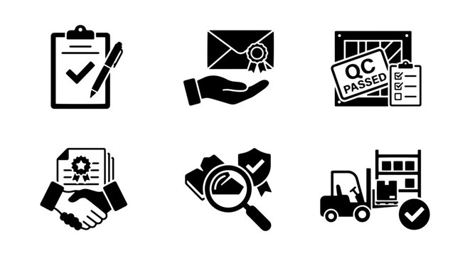 Quality Control Icons: Checklist, QC Passed, Assurance, Inspection, Logistics