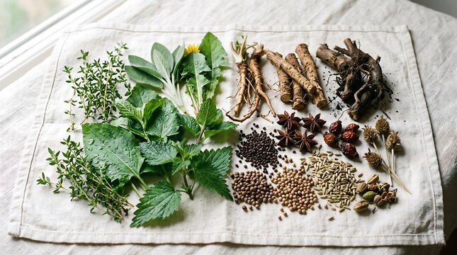 Selection of medicinal herbs and spices on white cloth