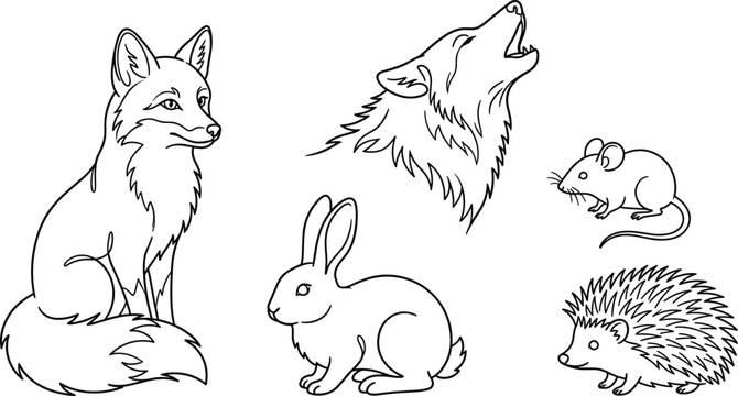 Forest wildlife vector illustration set with hand drawn line art fox howling wolf rabbit mouse and hedgehog isolated on white background.