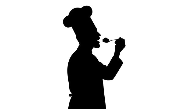 Silhouette of chef tasting food white background.