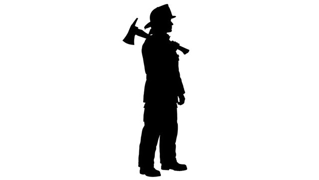 Silhouette of firefighter with axe white background.