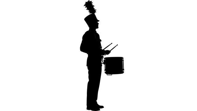 Silhouette of drummer playing on white background.