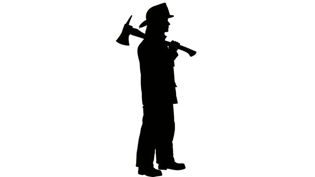 Silhouette of firefighter with axe white background.