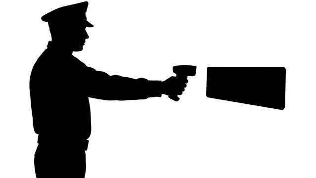 Silhouette of police officer with radar gun white background.