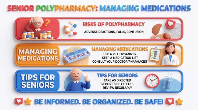 3D Infographic for Senior Polypharmacy: Managing Medications and Healthcare Tips for Elderly
