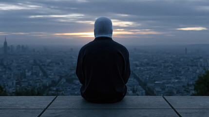 Fototapeta premium Person wearing gray knit hat and black jacket sitting alone above city skyline under moody cloudy sunset, conveying solitude and quiet reflection