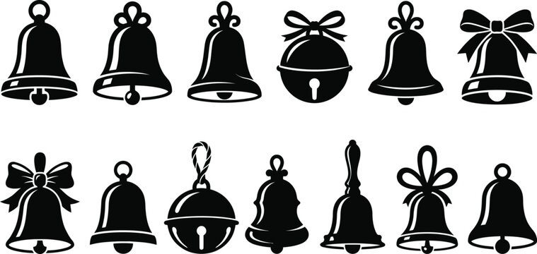 Set of christmas bells silhouettes and icons vector illustration collection with bell silhouette holiday bells jingle bell ornament bells silhouette christmas