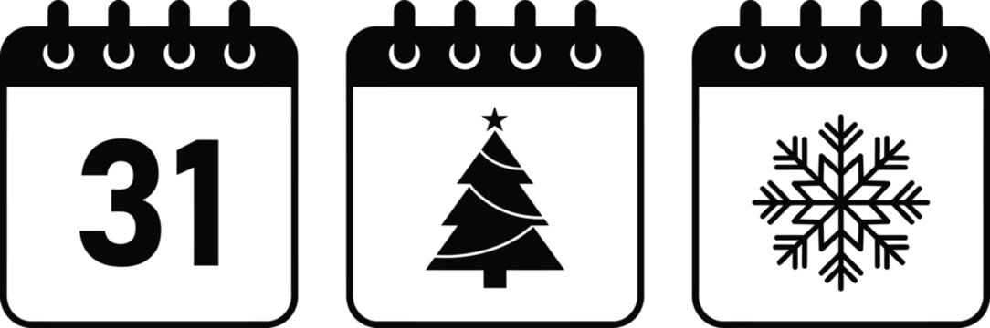 Set of three winter holiday calendars showing date 31 christmas tree snowflake icons with calendar icon date thirty one december date black and white new year