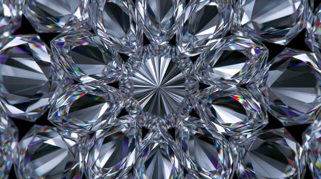 Crystal geometric pattern with faceted glass texture, radial symmetry, reflective surface, and abstract kaleidoscope design filling entire frame with sharp detail and cool tones