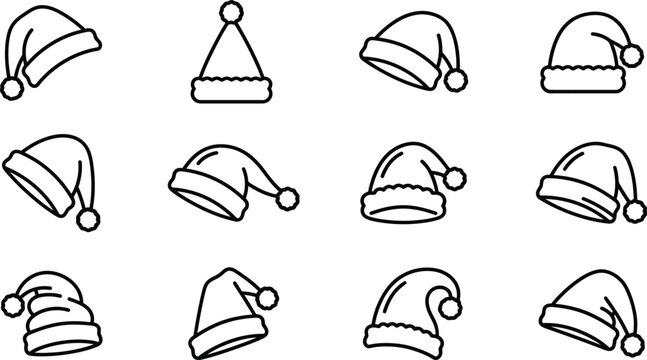 Santa hat outline vector illustration set from various angles with christmas hat holiday hat red hat fur trim pom winter hat santa cap holiday headwear