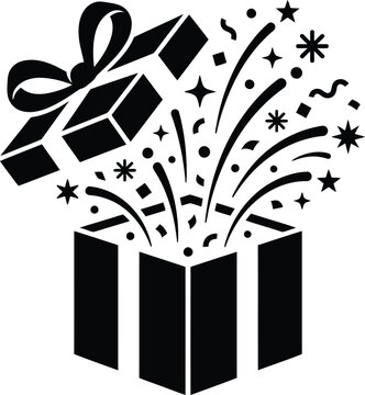 Open gift box with magical sparkles and confetti black silhouette vector illustration surprise present birthday gift holiday present magic explosion gift opening