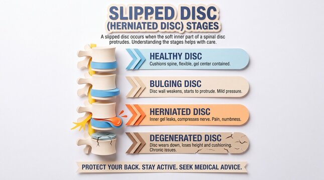 Medical Infographic of Slipped Disc and Herniated Disc Stages with Spinal Anatomy