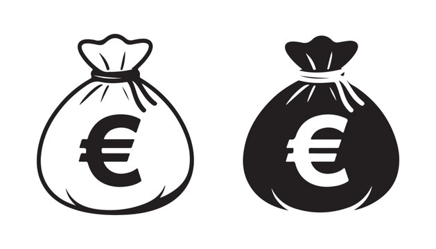 Money bag with euro symbol isolated on checkered background black and white vector flat design.