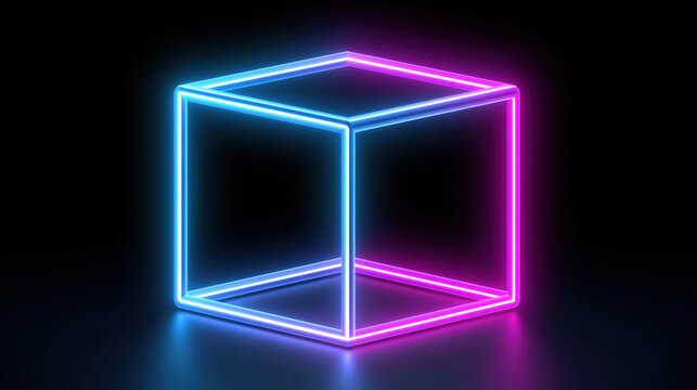 Glowing neon parallelepiped frame in perspective with blue and pink light against dark background