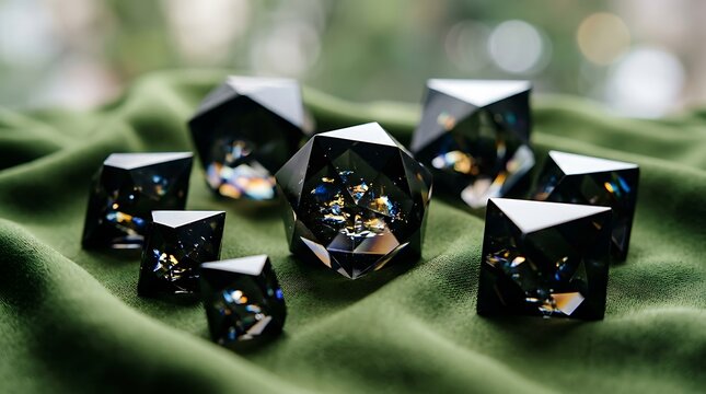 Set of dark obsidianstyle polyhedral dice with iridescent gold and blue inclusions on a soft green fabric background