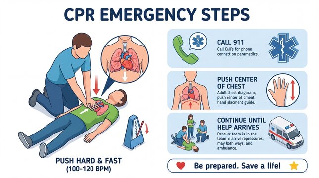 CPR Emergency Steps Infographic for Life Saving First Aid and Medical Procedure Training