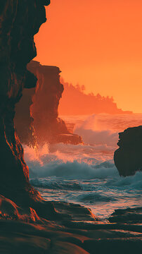 Silhouette of rugged sea cliffs with waves crashing under a sunset sky &mdash; wide orange sky with cliff silhouette