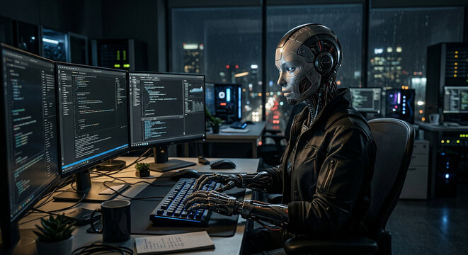 Realistic AI humanoid robot working late at night at a computer workstation with multiple monitors displaying programming and digital data. Dark futuristic office environment with city lights.