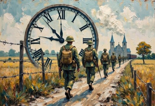 Soldiers Walking on Rural Pathway Past Large Clock Towards Church and Village Scene