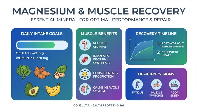 Magnesium and Muscle Recovery Infographic showing Daily Intake Goals, Benefits, Deficiency Signs, and Food Sources