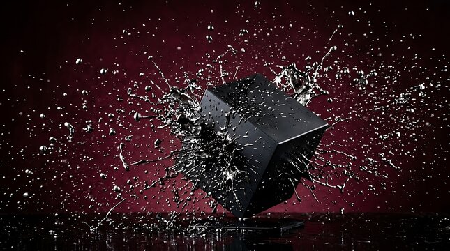 Black cube with liquid metal splashing against a dark red background