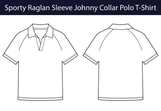 Sporty raglan polo shirt, short sleeve Johnny collar tee with V neck placket, casual athletic top vector template, front and back technical fashion illustration, CAD apparel design