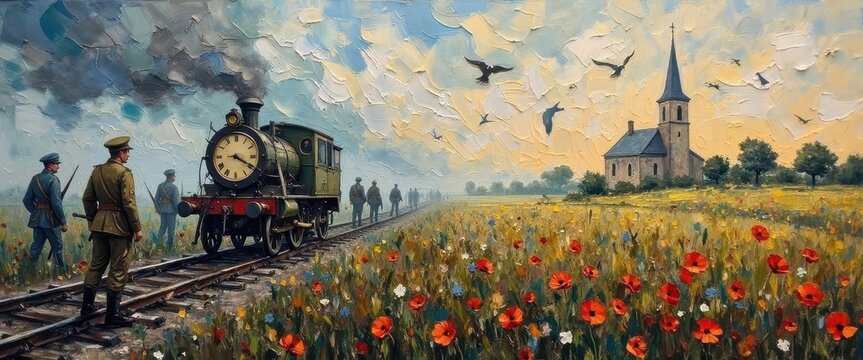 Vintage Steam Locomotive Traveling Through Countryside with Soldiers and Church