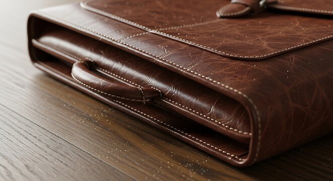 Classic brown leather briefcase resting on a wooden surface with briefcase