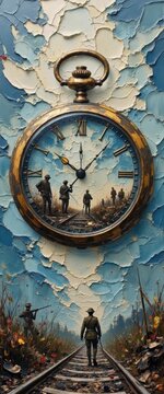 Vintage pocket watch with a nostalgic scene reflected on cracked wall surface