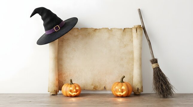 Empty vintage parchment scroll with witch hat broom and glowing pumpkins for a spooky halloween background design