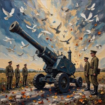 Military artillery cannon surrounded by soldiers during sunset with flying birds and falling leaves