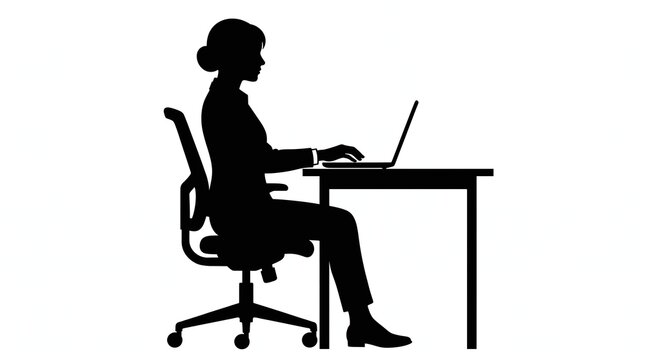Silhouette of Professional Businesswoman Working on Laptop at Office Desk Reviewing Data