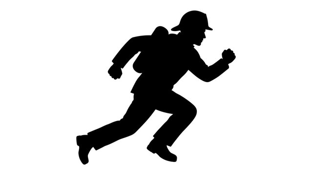 Silhouette of running person with backpack white background.