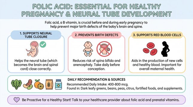 Importance of Folic Acid for Healthy Pregnancy and Neural Tube Development Infographic