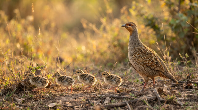 Grey Francolin Partridge Bird with Chicks Walking in Row in Wild Grass Field at Golden Hour
