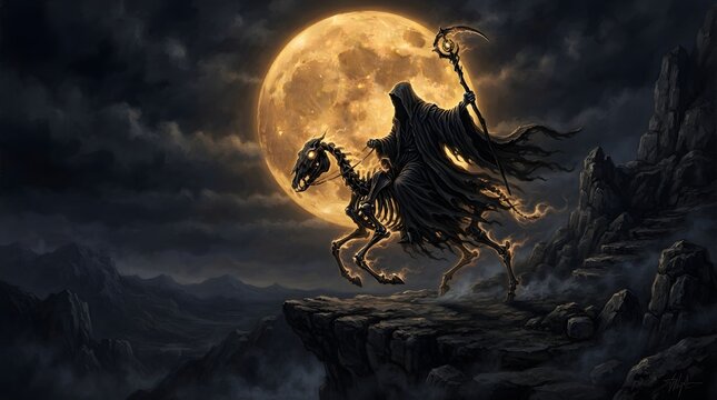 A dark hooded grim reaper riding a skeletal horse silhouetted against a giant glowing full moon halloween