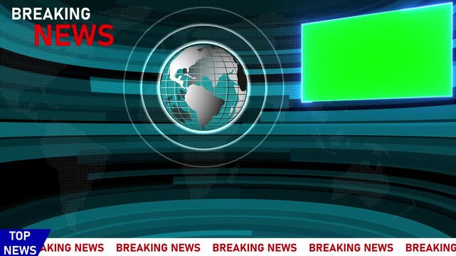 Breaking news broadcast background, with rotating globe, and green screen, placeholder for media integration