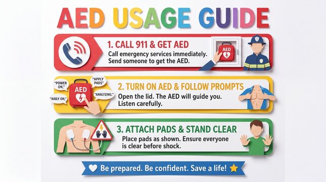 AED Usage Guide Infographic with Emergency First Aid Instructions Step by Step