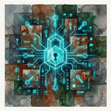 Conceptual watercolor illustration of a glowing digital padlock with circuit lines and security keys on a dark grunge patchwork background