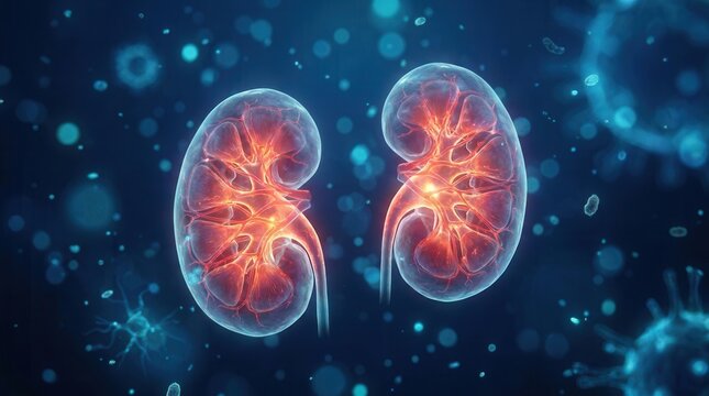 Anatomical rendering of human kidneys with glowing internal structures on blue.
