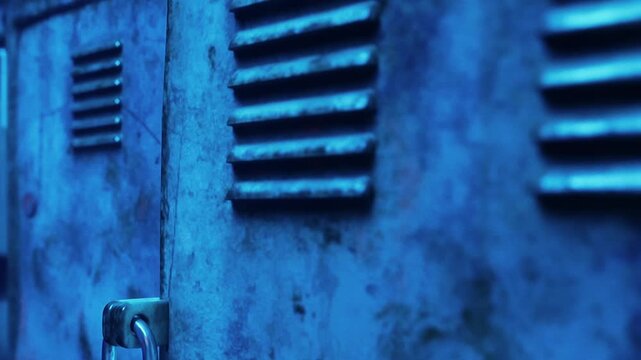Lockers sit in a dim space. Light reflects on the metal surfaces, showing rust and grime. The atmosphere feels isolated and somewhat mysterious.
