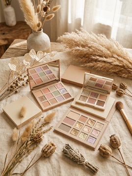 Collection of neutral makeup eyeshadow palettes with dried flowers on a rustic linen background.