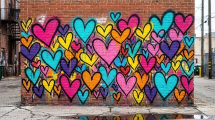 Naklejka premium Vibrant street art featuring colorful hearts and melted paint effects on a wall.