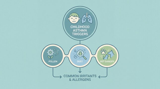 Childhood Asthma Triggers Infographic Illustrating Common Allergens like Pollen Dust and Pet Dander