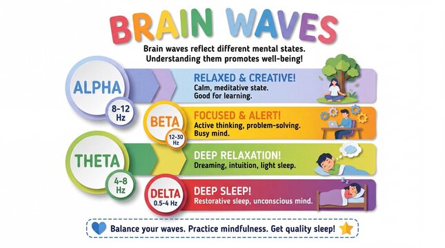 Brain Waves Infographic Chart explaining Alpha Beta Theta and Delta States for Mental Health and Well-being