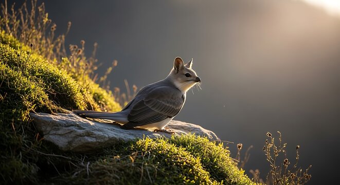 Small alpine bird perched on a sunny mossy rock with wildlife, mountain