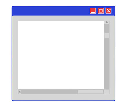 Retro style operating system application window template with scrollbars and action buttons for computer software interface design