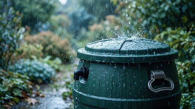 Ecological concept of reusing water using a rainwater harvesting barrel in the garden.
