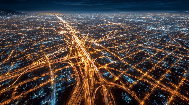 Aerial Night View of Glowing City Highway Interchanges