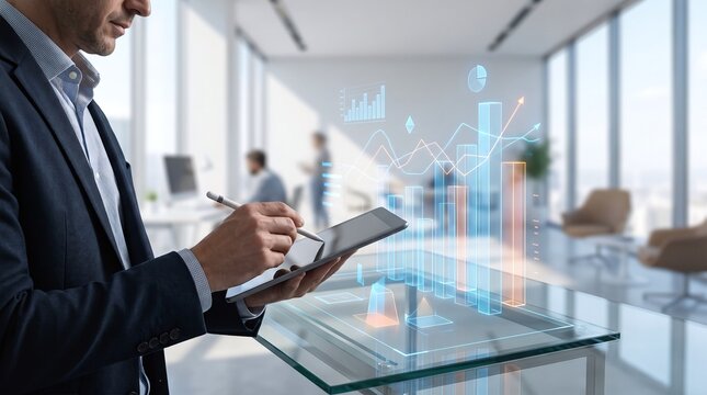 Businessman using a digital tablet with holographic charts and financial data analytics in a modern office